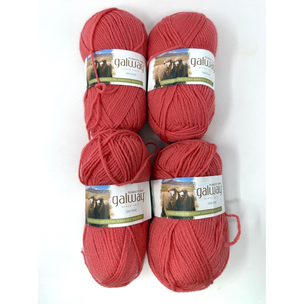 Plymouth Yarn Galway Worsted 100% Pure Wool Coral Pink 136 4 Skeins 840yds